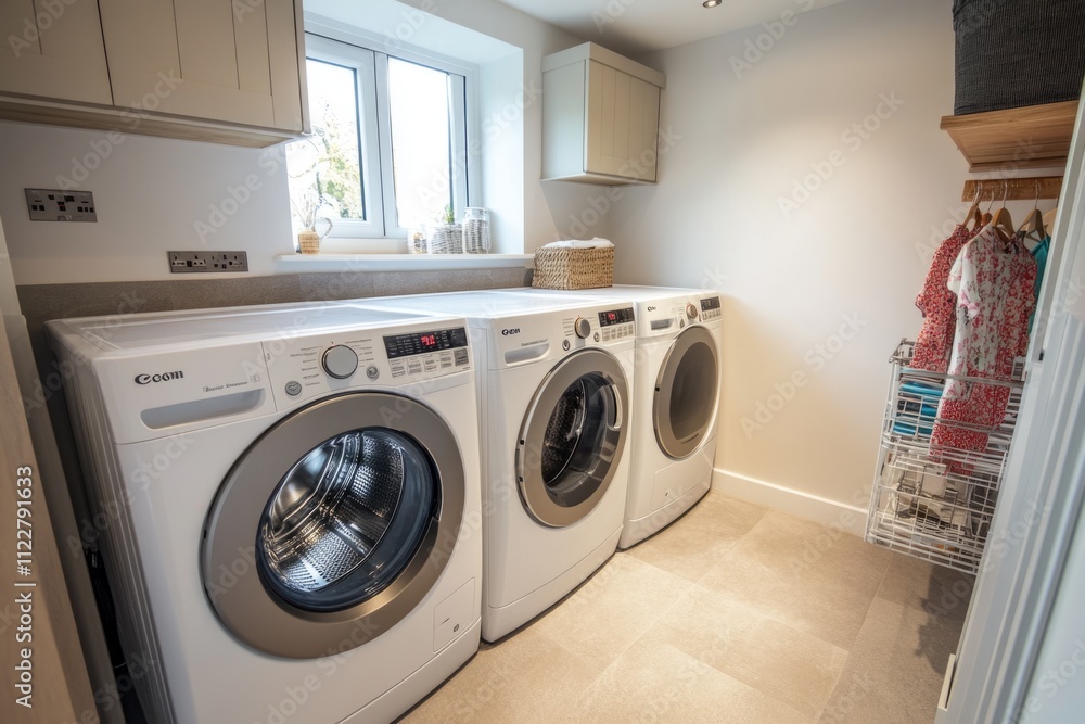 custom made wallpaper toronto digitalBright and modern laundry room featuring three sleek washing machines. Enjoy a spacious design with natural light. Perfect for organizing your cleaning tasks. Generative AI