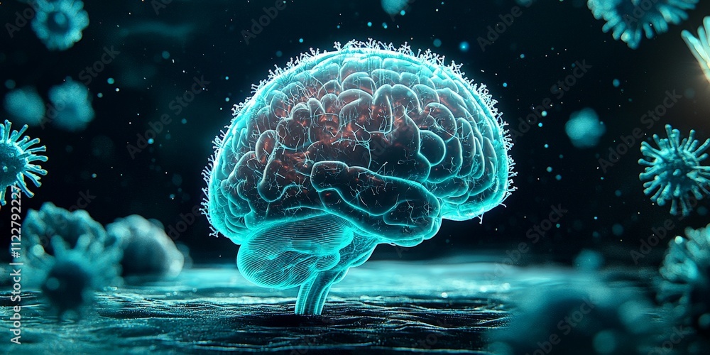 Fototapeta premium Brain rot concept. Glowing brain surrounded by floating virus-like particles.