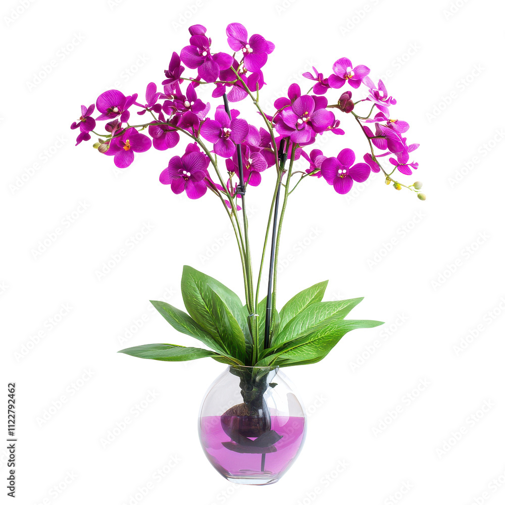 Naklejka premium A vibrant arrangement of pink orchids in a clear vase, showcasing their delicate petals and lush green leaves.