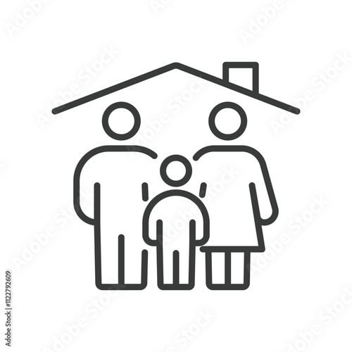 Housing for a family, icon in line design. Family, house, home, living, parents, children, shelter on white background vector. Housing for a family editable stroke icon