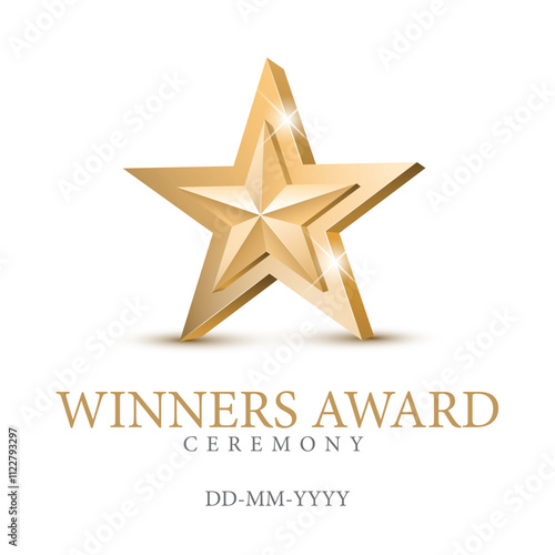 Winner award. gold star 3d symbol. Poster template for event party. Vector illustration