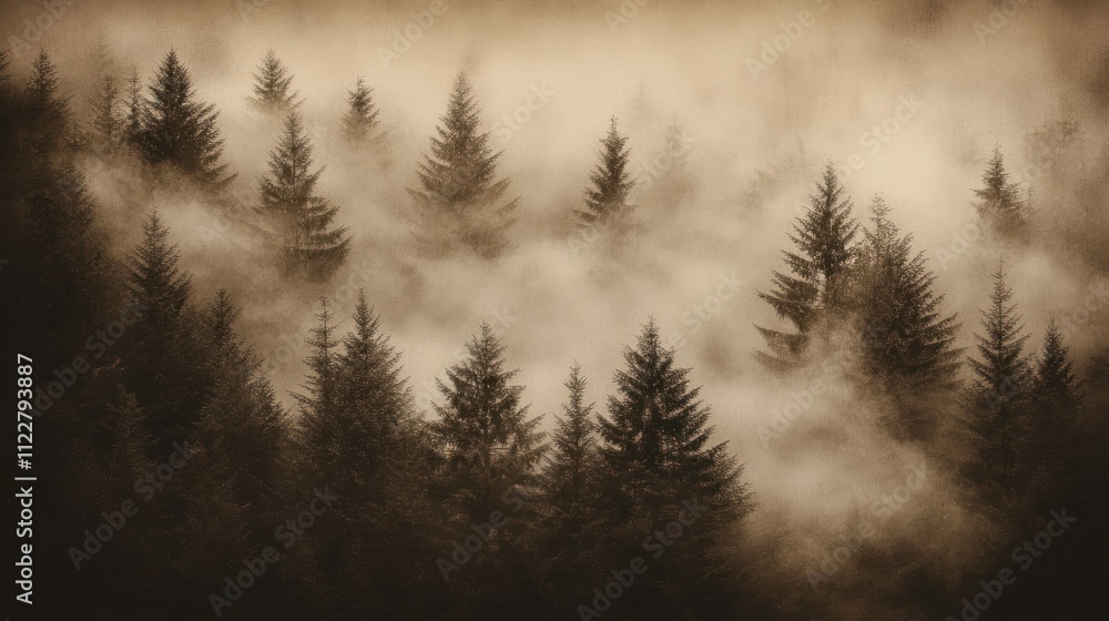 Obraz premium Misty forest scene with evergreen trees shrouded in fog, sepia toned.