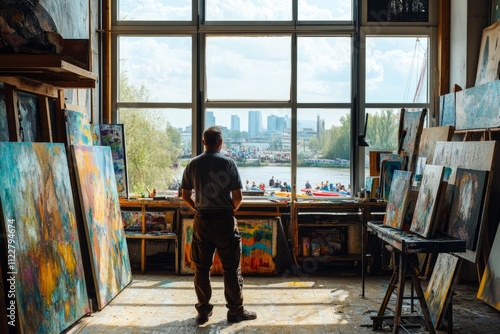 Wallpaper Mural An artist stands thoughtfully in a sunlit studio. Surrounded by vibrant paintings, their creativity flows. A beautiful view inspires artistic expression. Generative AI Torontodigital.ca