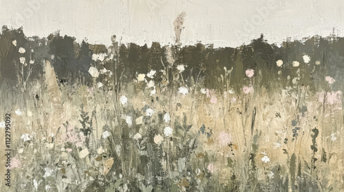 serene landscape painting featuring field of wildflowers in soft colors, evoking sense of calm and tranquility. gentle brushstrokes create dreamy atmosphere