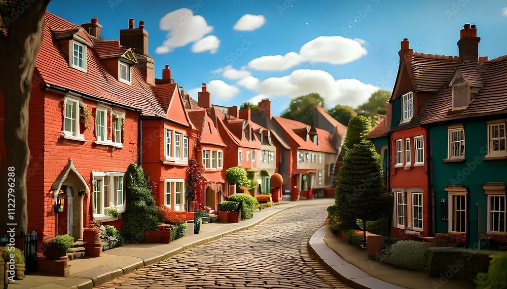 Fototapeta premium Claymation Scene of UK Street with Bending Houses in the Distance