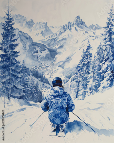 Skieur tout schuss paysage de montagnes enneigées, tons bleu de Chine, ambiance hivernale et sportive, style artistique pour design et décoration.