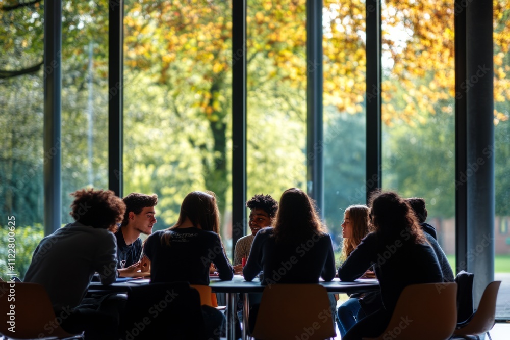 Obraz premium A diverse group of people engaged in a collaborative meeting around a table. Sunlight filters through the trees creating a warm atmosphere. Generative AI