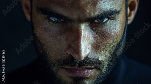 Close-up portrait of a man with intense gaze and stubble.
