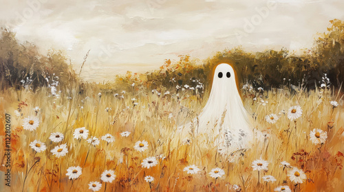 whimsical ghost in field of daisies, surrounded by golden grass and soft hues of autumn. serene landscape evokes sense of mystery and tranquility