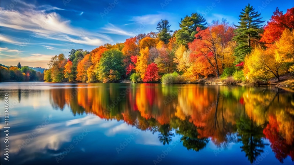 Obraz premium Captivating Long Exposure of Colorful Foliage Trees Reflecting in a Tranquil Lake, Showcasing Autumn's Vibrant Palette and Serene Waters Under a Clear Sky