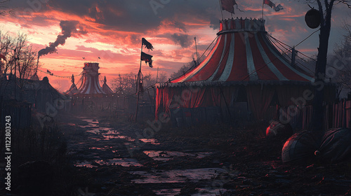 An abandoned circus ground at dusk, where broken tents flutter in the wind, and the faint sound of a ghostly carnival song plays in the background.