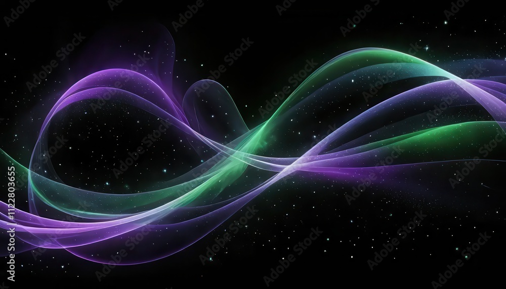 Fototapeta premium Vibrant waves of purple and green gently intertwine against a dark backdrop, showcasing smooth transitions and ethereal patterns in a mesmerizing display.
