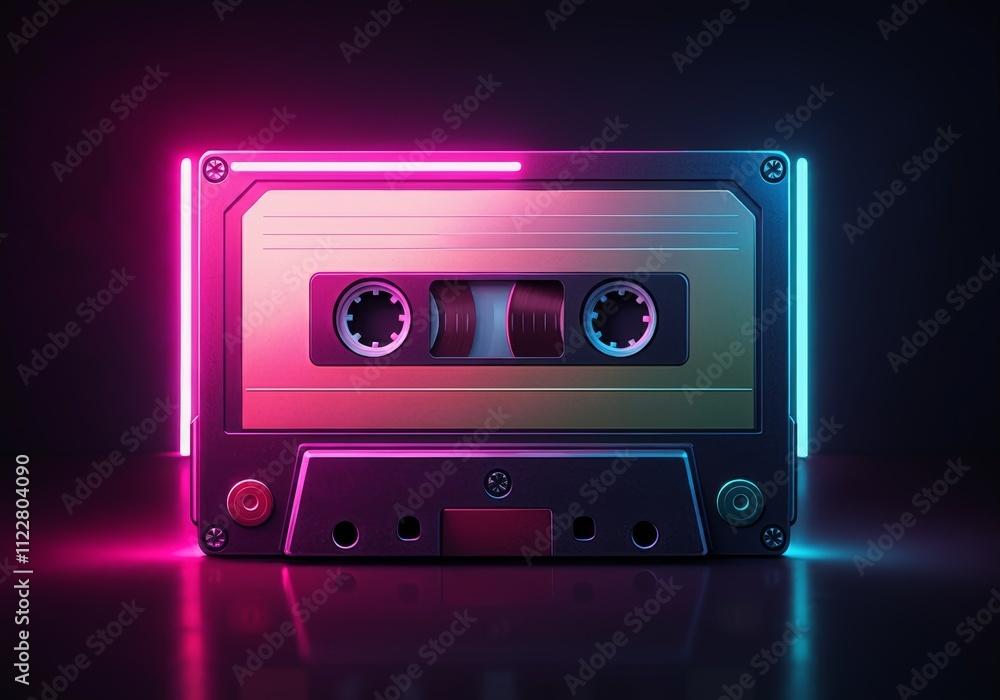 Obraz premium A digital illustration of a neon-glowing cassette tape in pink and green on a black background with a retro-futuristic vibe