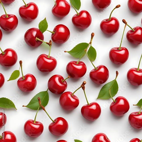 A bunch of cherries with stems, lying on a white backdrop with soft shadows.