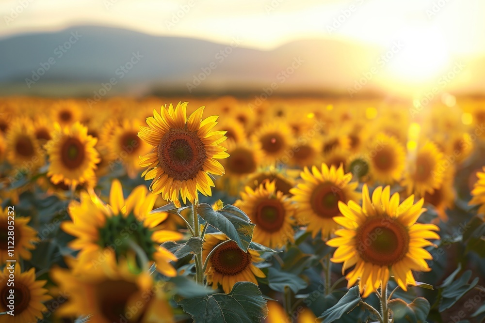 Fototapeta premium A field of sunflowers in the golden hour, with a bright sun shining in the distance. AI generative. .