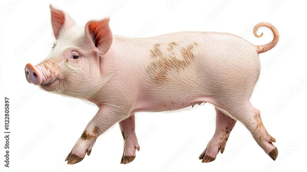A Pink Piglet Walking Isolated On White Background