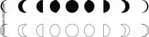 Moon phases astronomy icon silhouette symbol set. Full moon and crescent sign logo. Vector black flat and line collection isolated transparent background. Aesthetic boho gorizontal abstract poster.
