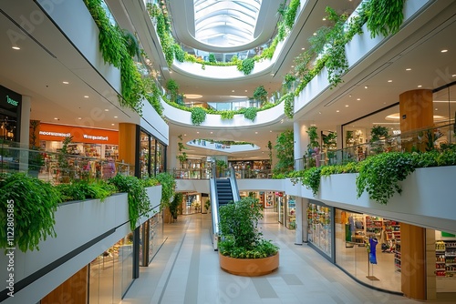 Interior of a multi-story shopping mall with greenery. Generative Ai