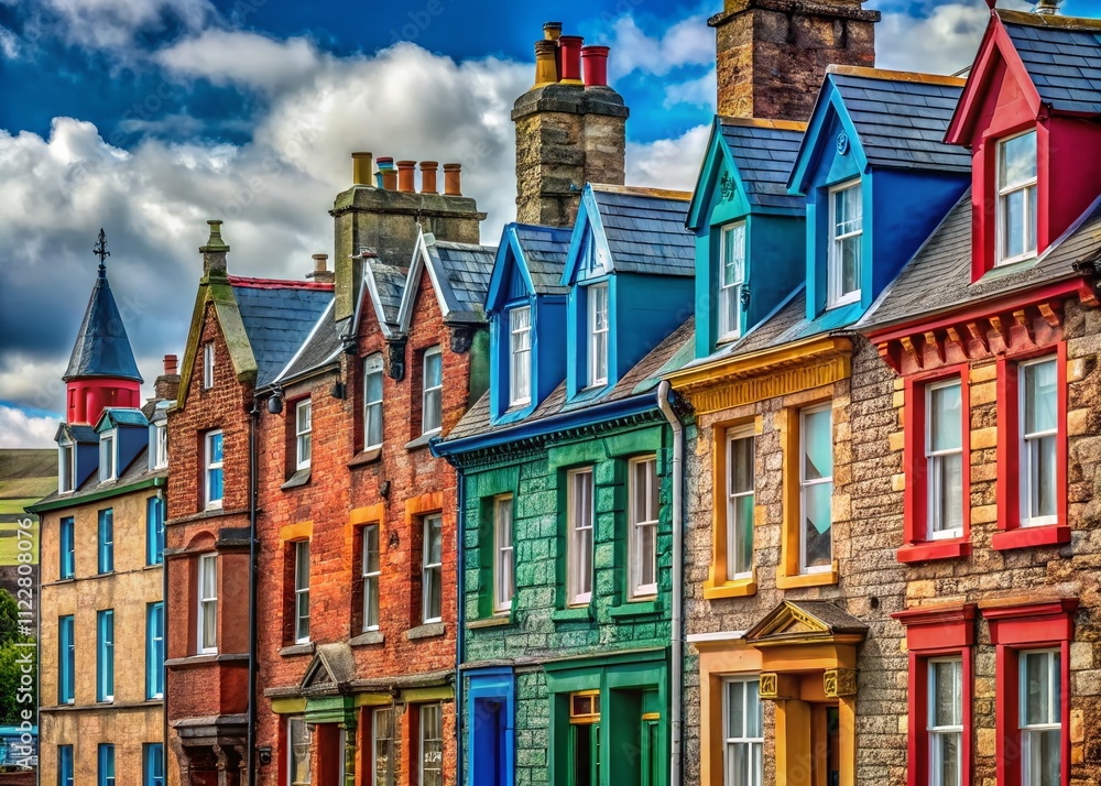 Fototapeta premium Captivating Macro Photography of Campbeltown's Historic Districts, Showcasing Intricate Architectural Facades in Kintyre, Scotland with Detailed Textures and Rich Colors