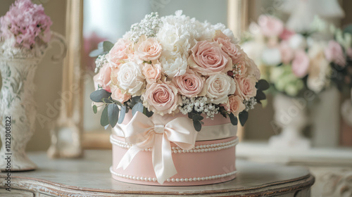 beautiful floral arrangement in hatbox with roses