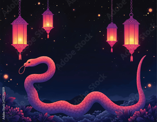 vector of a violet snake and chinese lanterns on night starry sky with clouds and flowers arround it
