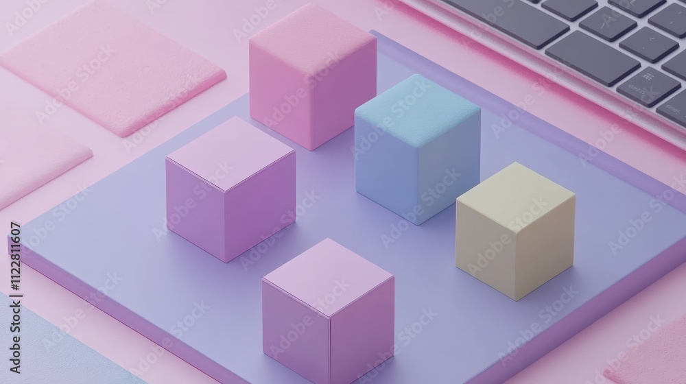 Obraz premium Pastel colored geometric shapes and a keyboard.