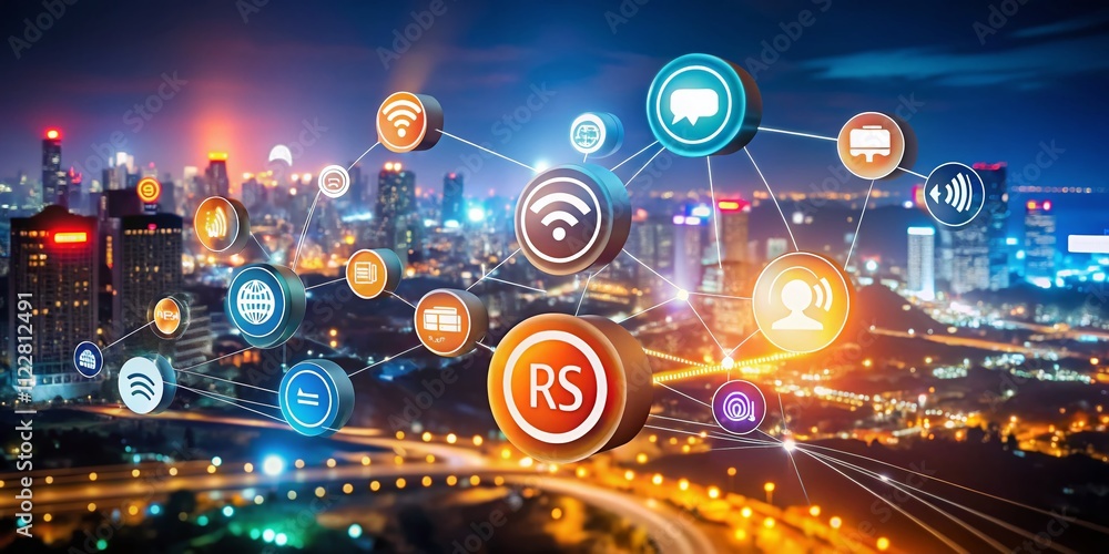 Fototapeta premium Captivating Night Photography of RSS Buttons Illuminated in a Digital Landscape with Glowing Effects and a Vibrant Color Palette for Technology and Connectivity Themes