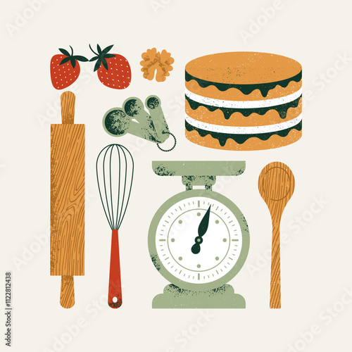 Bakery elements collection. Cake with various baking utensils. 