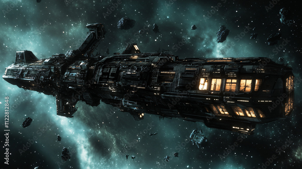 Naklejka premium An abandoned futuristic space station drifting in the void of space, with broken windows and flickering lights.