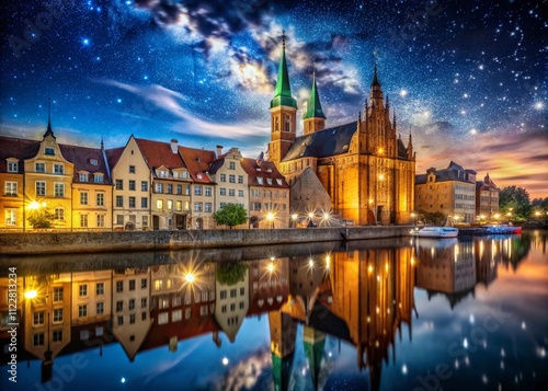 Captivating Night View of St Adalberts Church in Gdansk, Poland Illuminated Against a Starry Sky with Architectural Details and Surrounding Cityscape Reflections photo