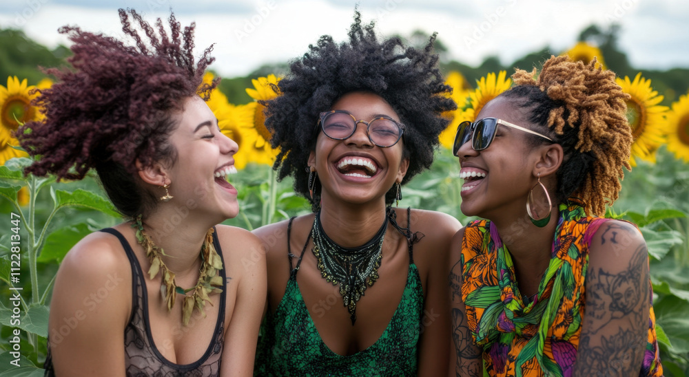 Obraz premium Three diverse young women laughing and smiling together in a sunflower field