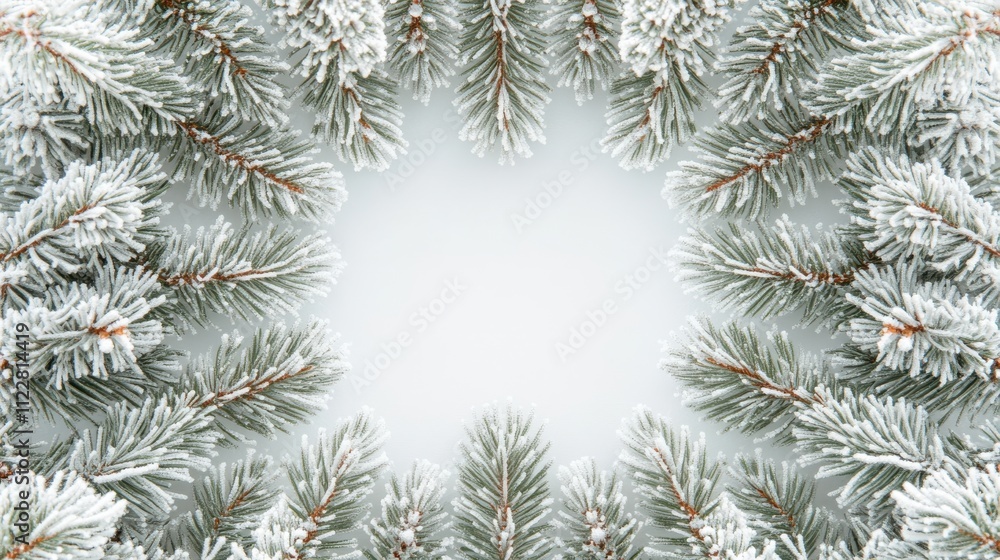 A bird’s eye view of symmetrical snowy fir branches framing an empty pale green center, highlighting the delicate interplay of frost and soft shadows, evoking a tranquil winter scene A bird’s eye view of symmetrical snowy fir branches framing an empty pale green center, highlighting the delicate interplay of frost and soft shadows, evoking a tranquil winter scene