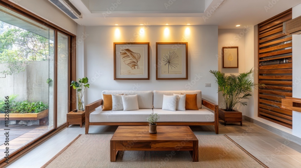 Fototapeta premium Modern minimalist living room with white sofa, wooden coffee table, and natural light.