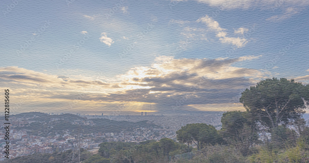 Obraz premium Beautiful view of a city with a large tree in the foreground