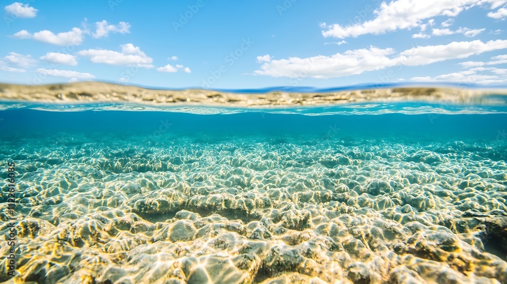 Fototapeta premium Sunlit Shimmering Underwater Sandscape With Sparkling Waters And Clear Blue Sky Above Horizon : Generative AI