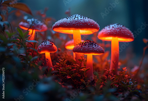 Image of glowing mushrooms in forest at twilight
 photo