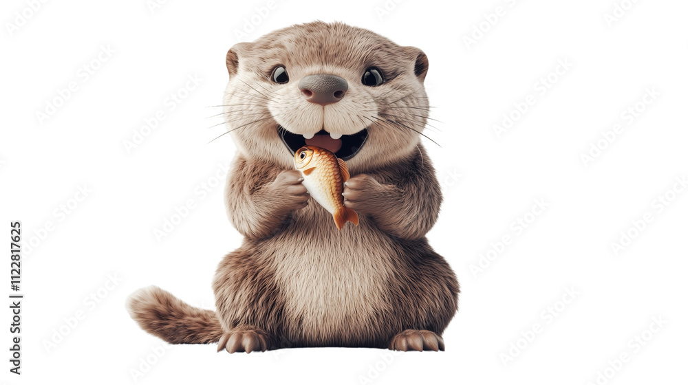 Obraz premium cute cartoon otter happily holding a fish on a transparent background