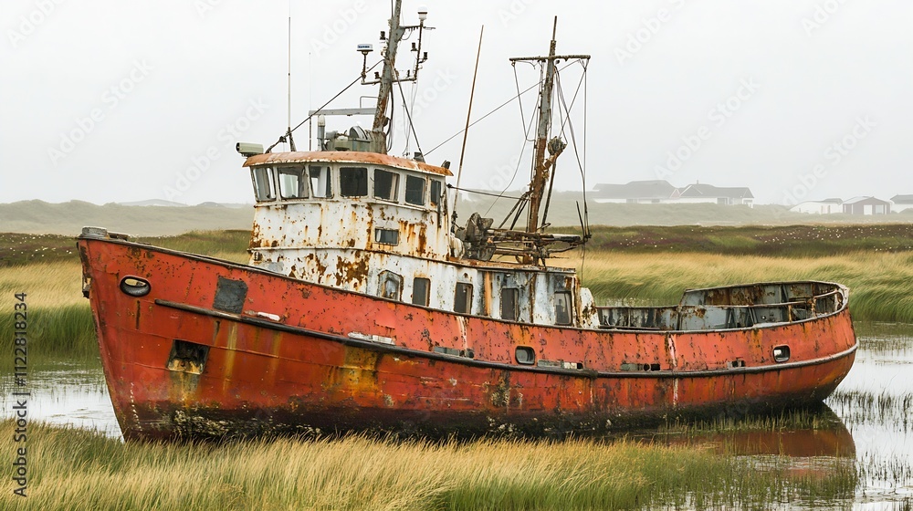 Old Rusty Red Fishing Boat Abandoned in Marshy Field Contrast Overcast Sky : Generative AI Old Rusty Red Fishing Boat Abandoned in Marshy Field Contrast Overcast Sky : Generative AI