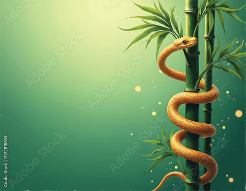 vector of golden snake winding on stalks of lucky bamboo plants with sparkles arround on background