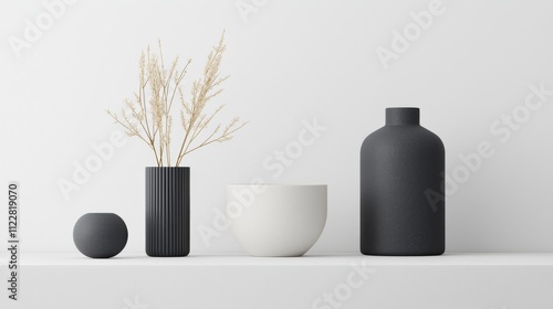 A minimalist arrangement featuring decorative vases, a bowl, and dried flowers on a clean, white shelf.