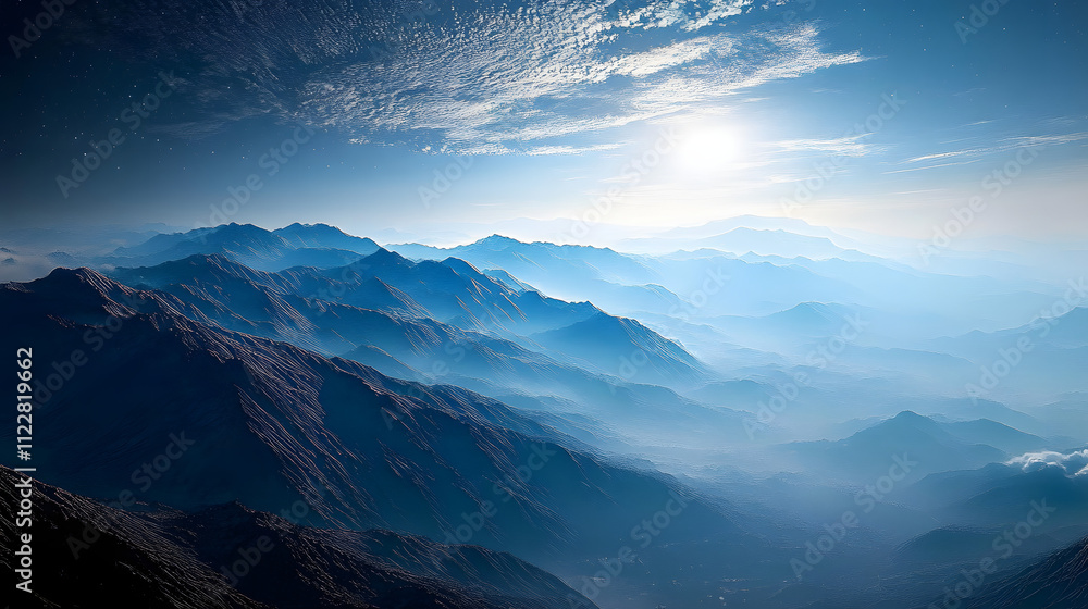 Fototapeta premium Science Fiction Background. Aerial Wallpaper with Mountains and Dramatic Clouds.