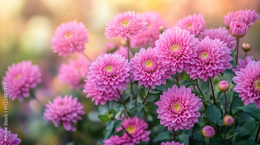 Obraz premium Pink Chrysanthemum Flowers in Bloom Soft Focus Garden Background