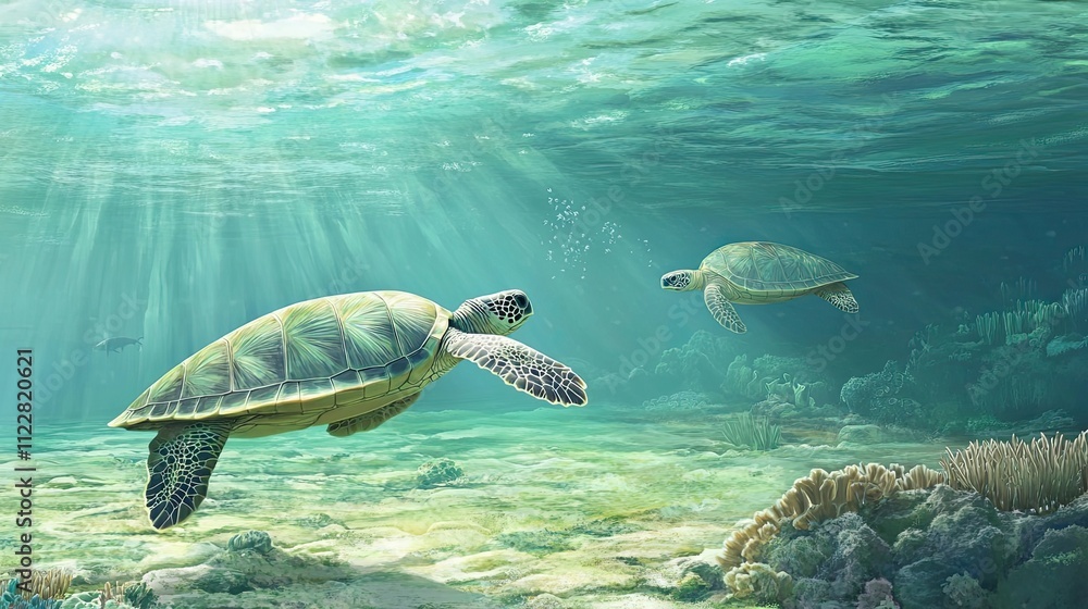 Obraz premium Two Sea Turtles Gracefully Swim Underwater in Coral Reef