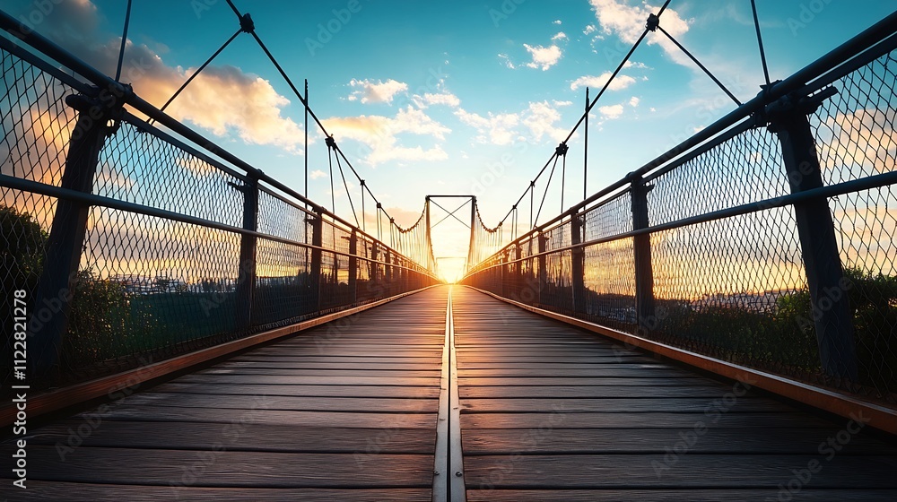 Obraz premium Dramatic Suspension Bridge at Sunset Overlooking Majestic Horizon : Generative AI