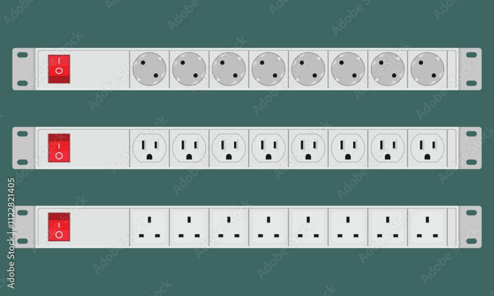 Power strips with various types of outlets. Set of 1U distribution panels for server racks. Vector illustration