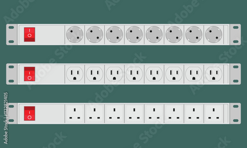 Obraz na płótnie Power strips with various types of outlets. Set of 1U distribution panels for server racks. Vector illustration w salonie