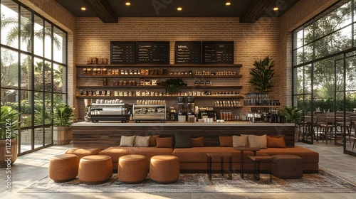 Fototapeta Country coffee shop design, 3D rendering with a warm color palette and inviting seating arrangement, wide view
