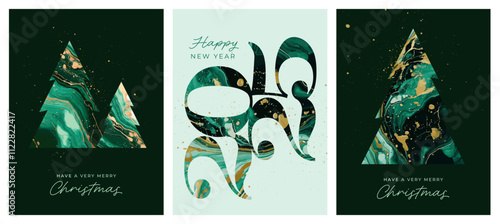 Set of Modern & Elegant Christmas Cards in Shades of Green and Gold, 2025, Christmas Trees, Abstract Acrylic Painting, Acrylic Pouring, Marble Texture