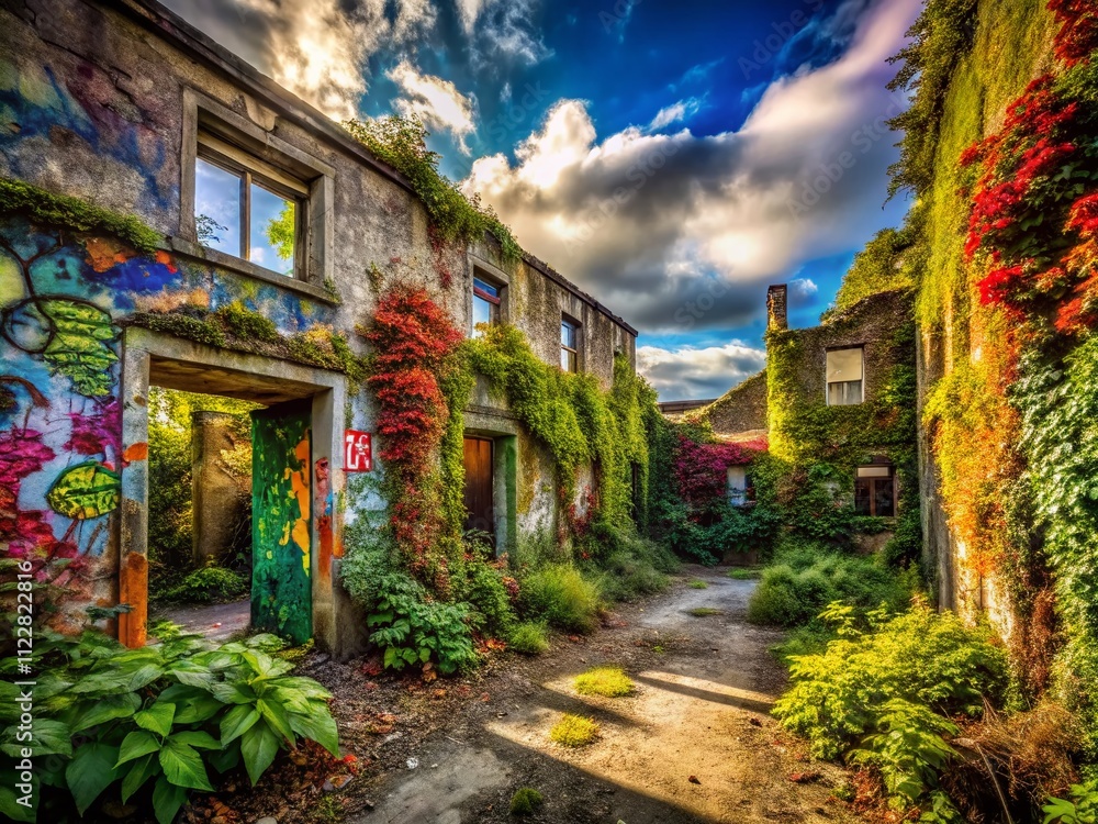 Fototapeta premium Captivating Urban Exploration Photography in Blessington: Discover Hidden Gems and Abandoned Structures Amidst Nature's Embrace and Vibrant Street Art