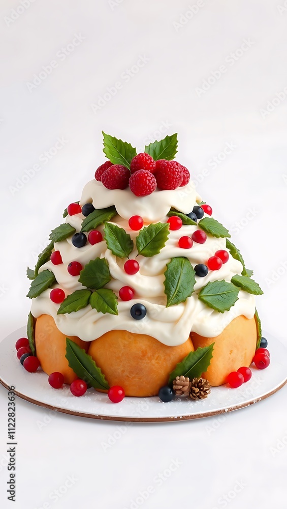 Obraz premium Delicious Christmas cake decorated with berries, festive holiday food